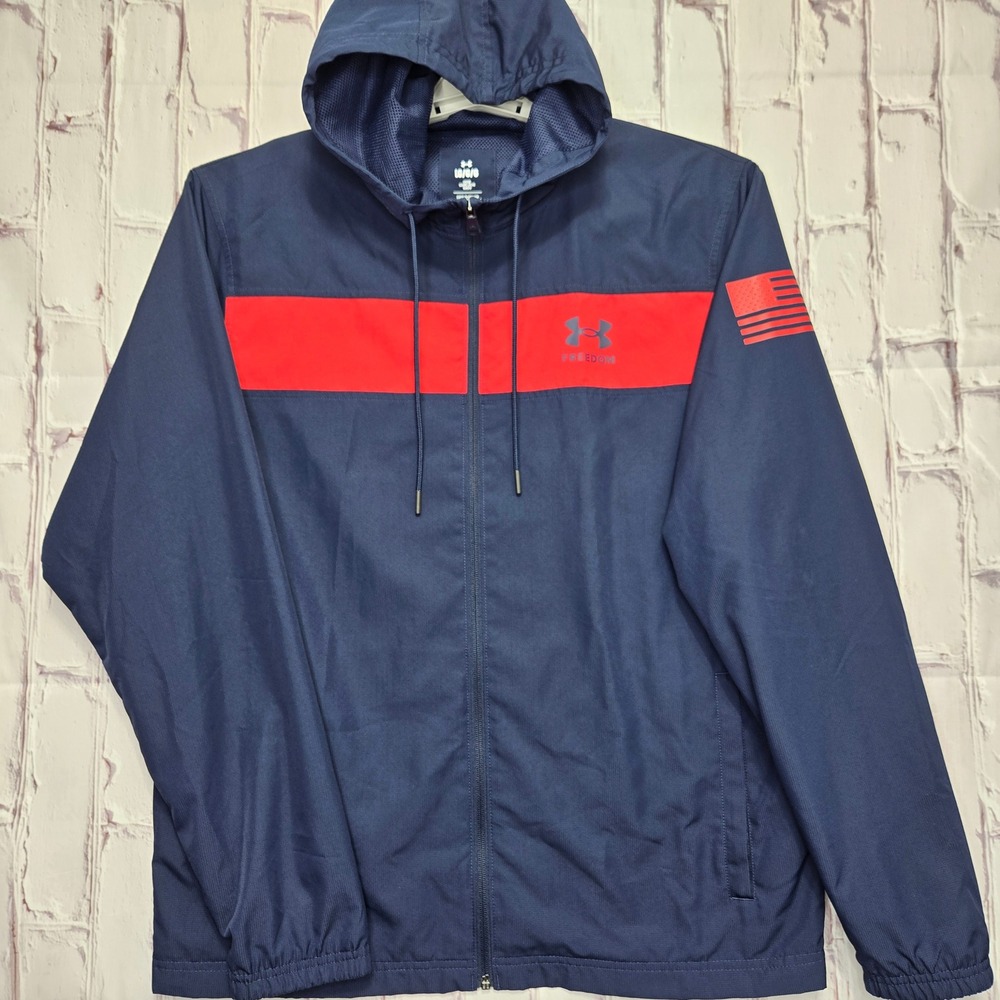 Under Armour Freedom USA Windbreaker Navy Red Stripe Flag Full Zip Jacket Mens L
